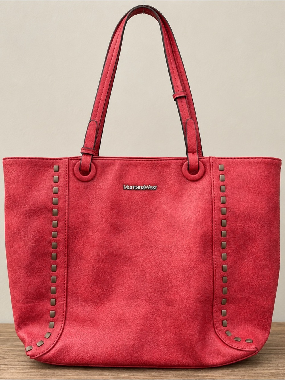 Montana West Studded Vegan Leather Large Hobo Tote Bag Berry Red Western Fall